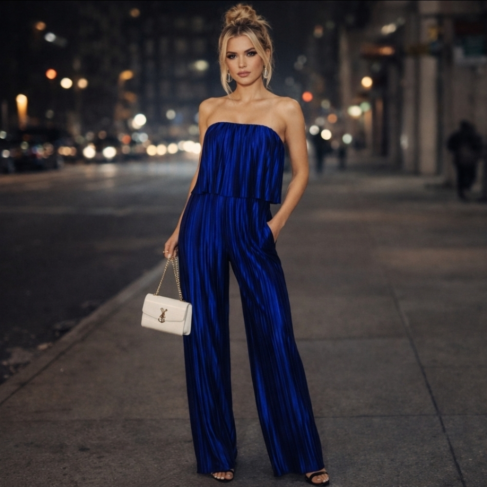 Amanda Uprichard Strapless Pleated Cobalt Jumpsuit